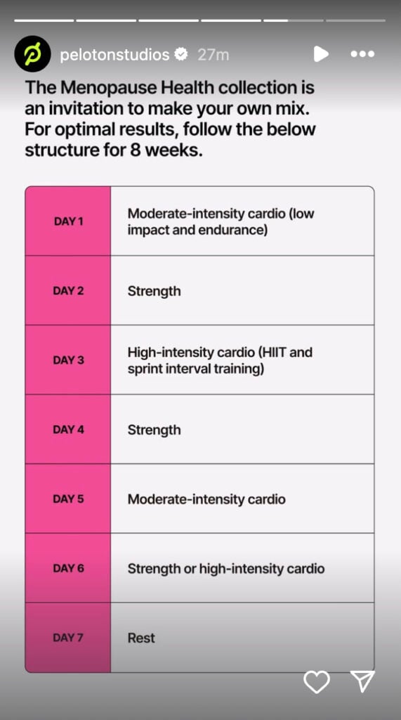 @PelotonStudios Instagram Story with recommended schedule. Image credit Peloton social media.